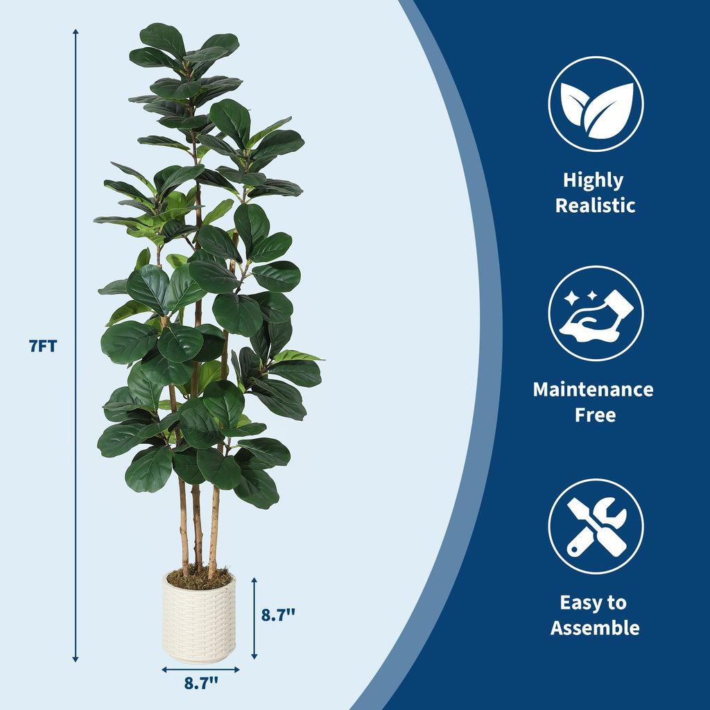 Faux Fiddle Leaf Fig Tree 7 FT, Artificial Tree with Lifelike Trunk & Glossy Leaves, Bendable Boughs for Custom Look