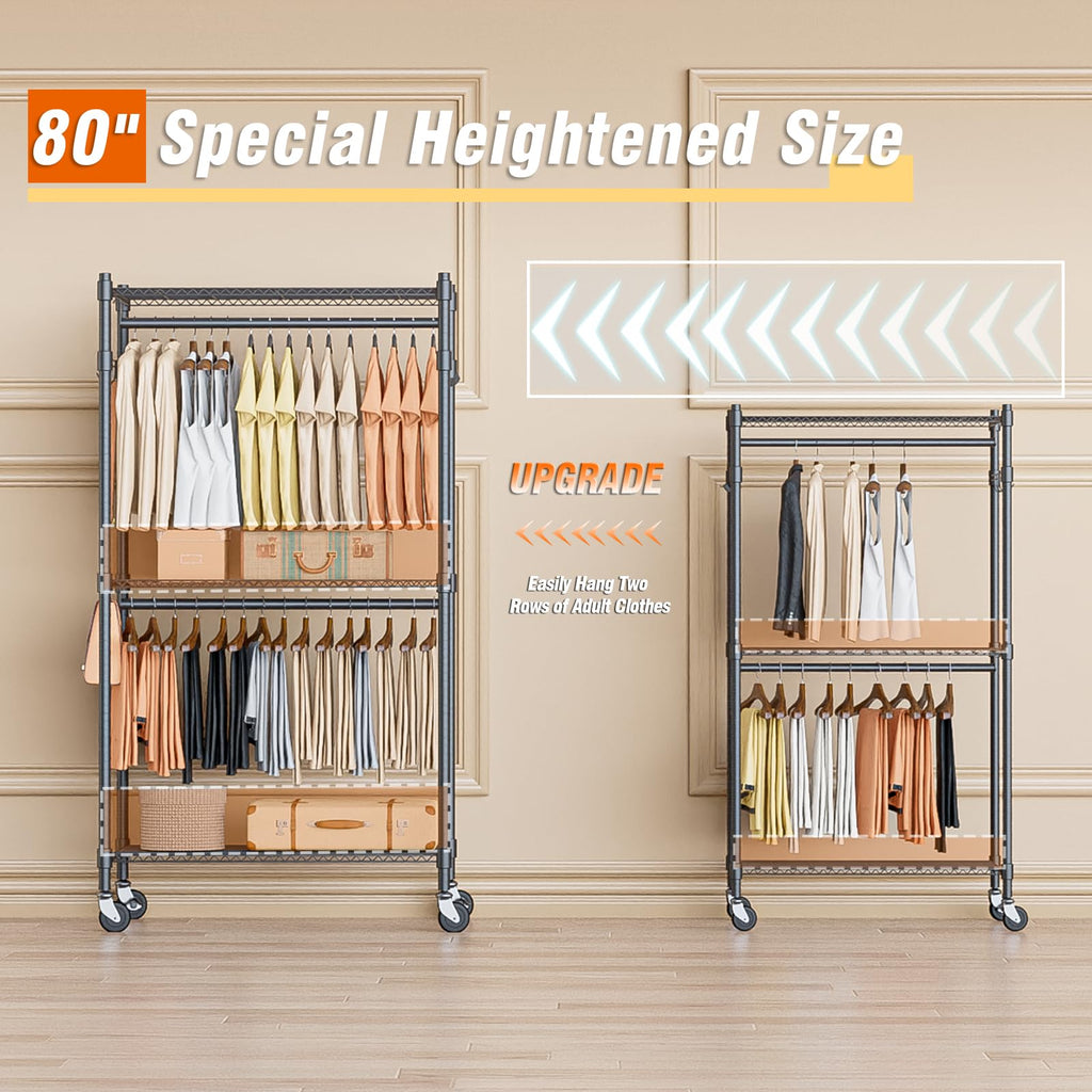 Narrow Rolling Garment Rack with Double Rods and 3 Adjustable Shelves, Compact Portable Closet Organizer, Laundry