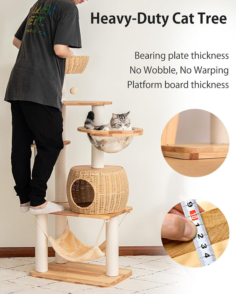 56.6" Velvet Cat Tree Tower with Woven Condo, Clear Bowl & Hammock