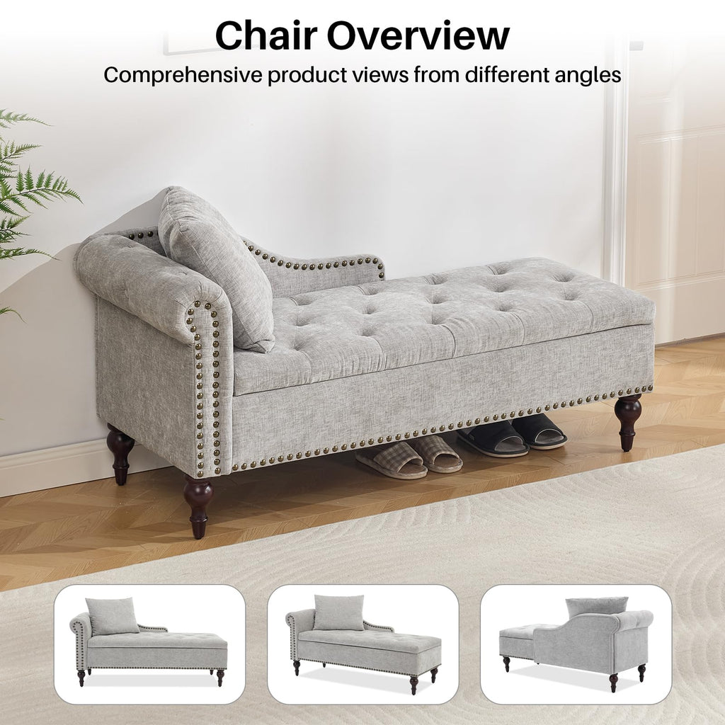 Velvet Chaise Lounge with Storage & Left Armrest, Gray