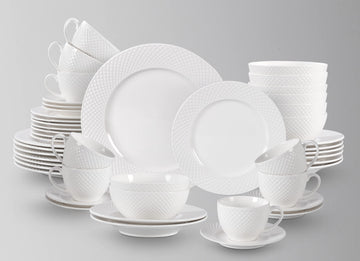 Bone China Dinnerware Set, Embossed Diamond Design, 48pc Set