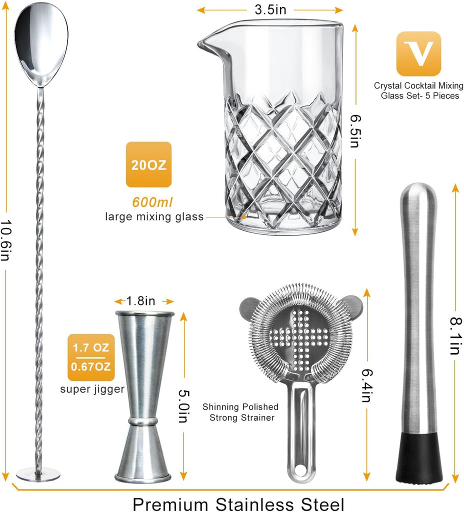 Cocktail Mixing Glass Set,Bar Mixing Set with 20oz Crystal Thick Bottom Glass,Spoon, Jigger,Strainer and Muddle,5 - Set of 5