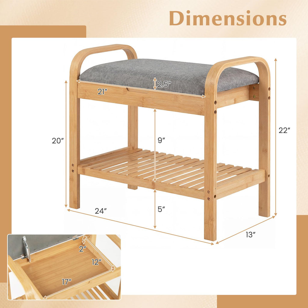 Small Entryway Bench with Storage, 2-Tier Bamboo Shoe Rack Bench with Flip Top Storage Space and Padded Cushion, Shoe