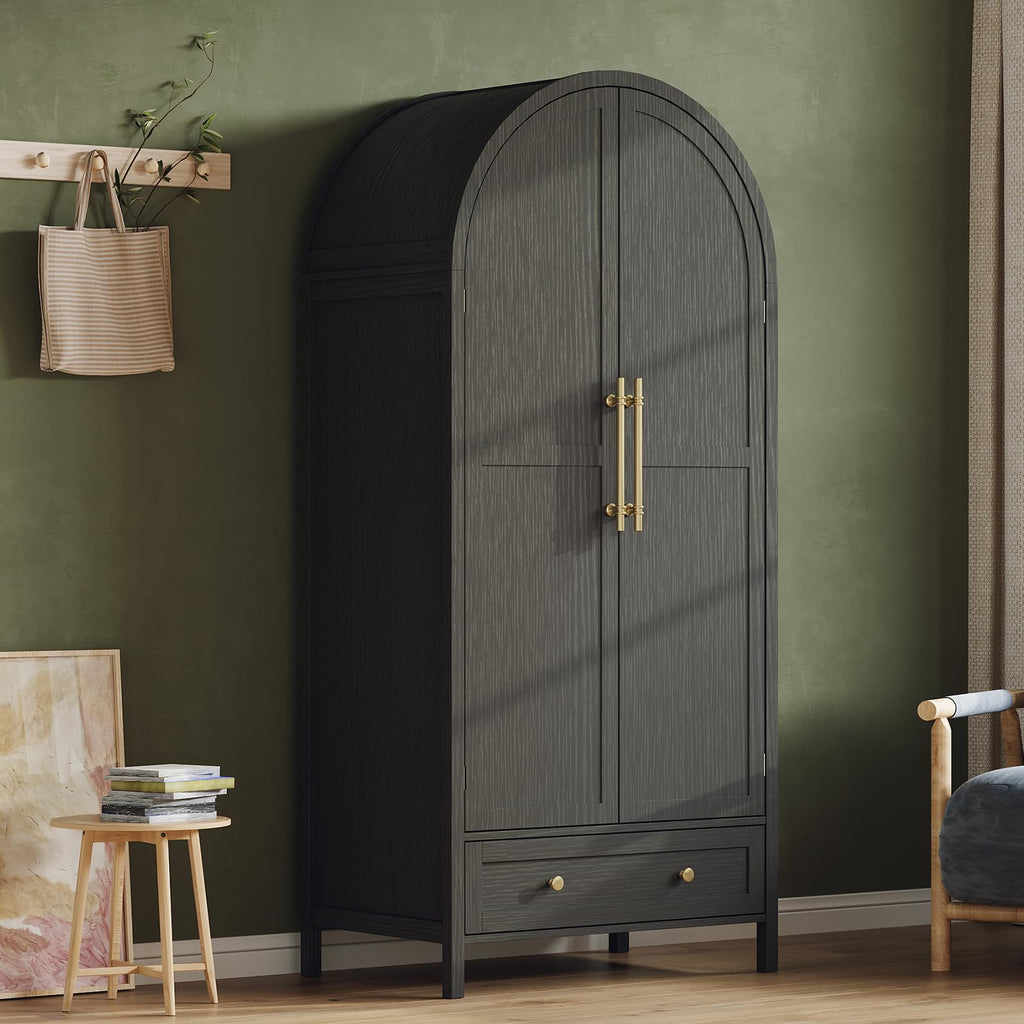 Arched Wardrobe Closet Armoire with Doors and Drawer, Bedroom Armoires Black Wardrobe Cabinet Closet, 19.7" D x 31.5"