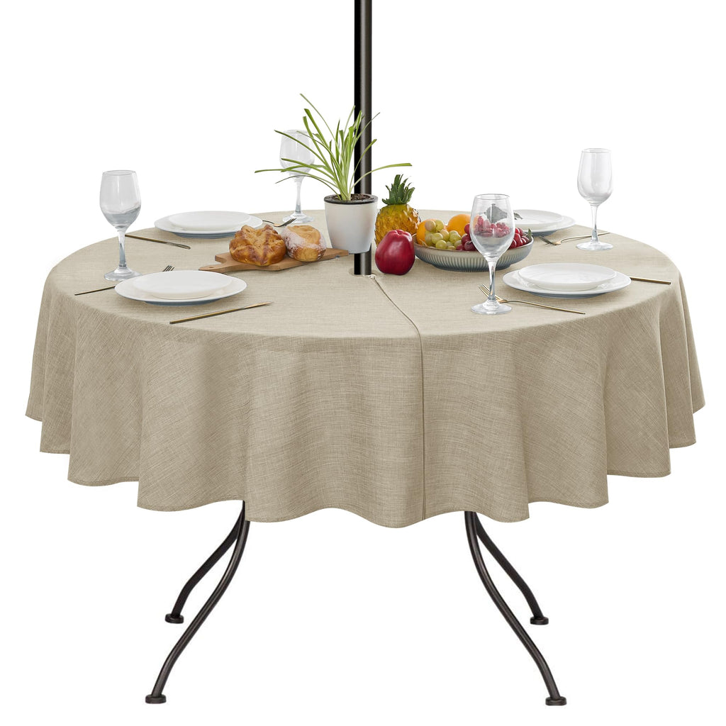 Outdoor Tablecloth with Umbrella Hole, Natural, 60 Inch Round