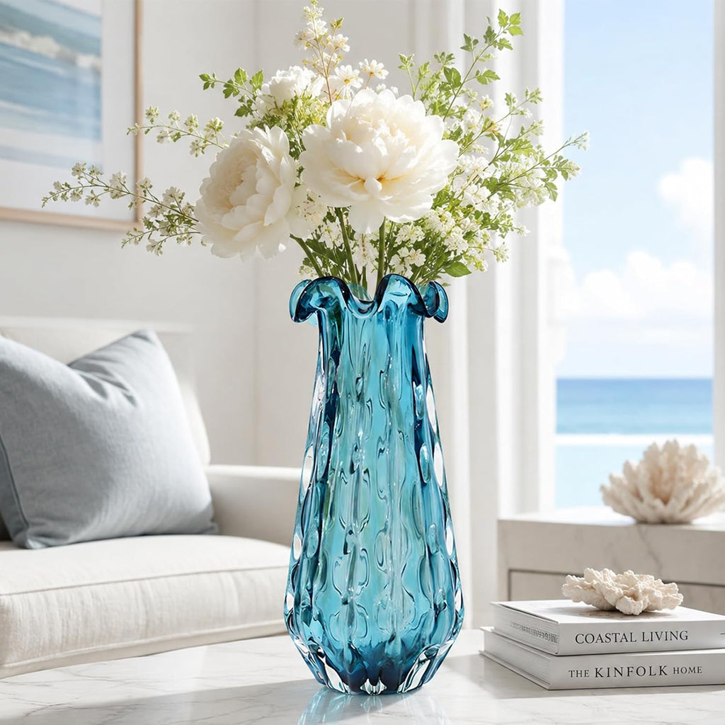16.7" H Turquoise Glass Vase, Hand Blown Wide Mouth Teal Blue Glass, Murano Style Modern Art, Art Deco Contemporary