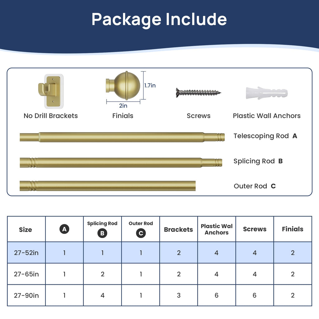 2 Pack 28-48" No Drill Curtain Rods, Renter Friendly, Gold