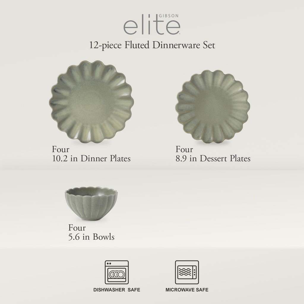 Bistro Fleur Plates and Bowls Sets, 12-Piece Stoneware Dinnerware Set for 4, Matte Green Scalloped Dish Set