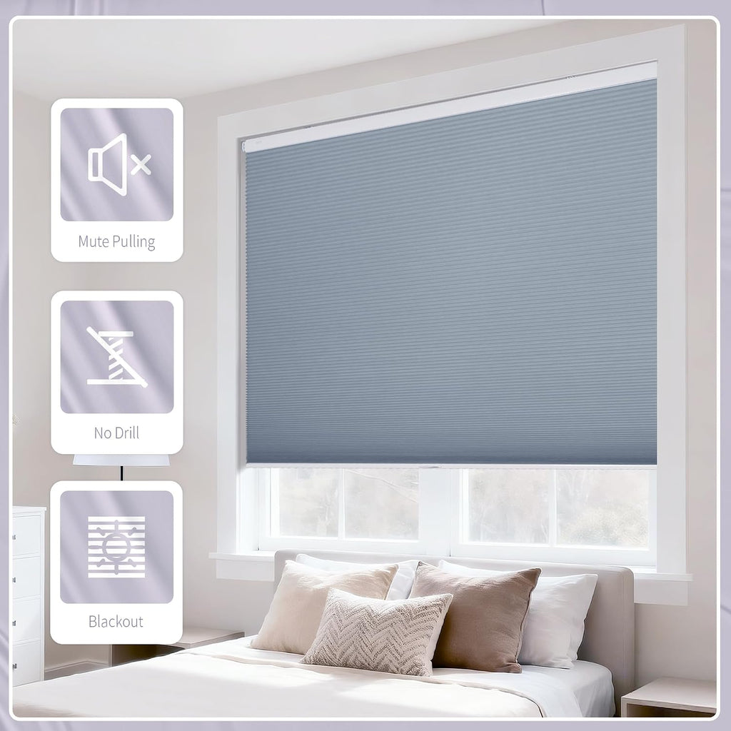 Cordless No Drill Blackout Honeycomb Shades - Thermal Insulation, UV Protection, Privacy, Room Darkening, Blue
