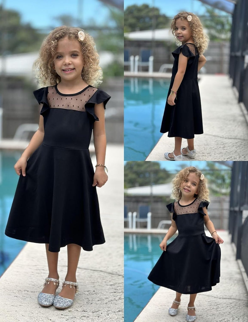 Girls Dresses Summer Formal Party Wedding Ruffle Sleeve Mesh Knee Length A Line Dress with Pockets