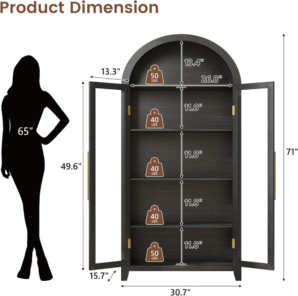 Arched Display Cabinet with Glass Doors and LED Light, 71" Tall | 5 Tier Curio China Cabinet, Adjustable Shelf