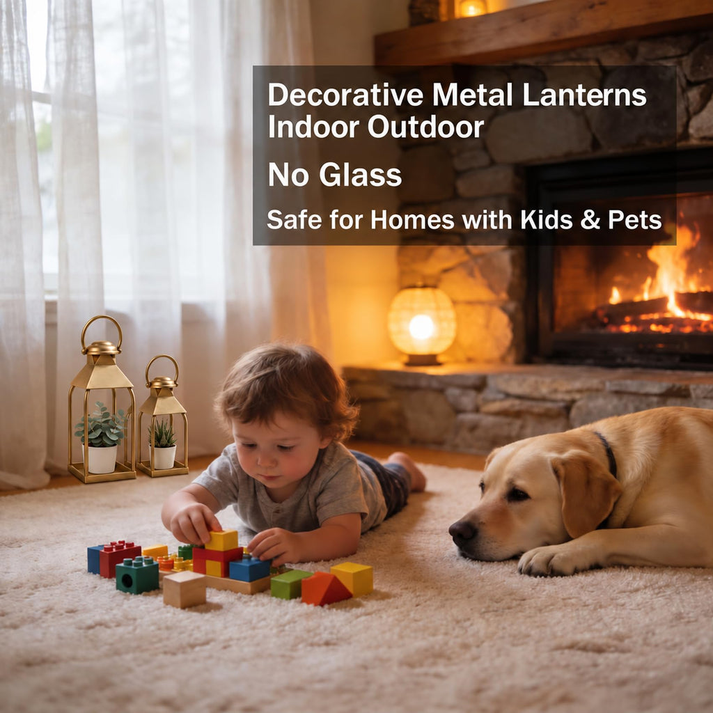 Antique Gold Decorative Metal Lanterns Indoor Outdoor Set of 2