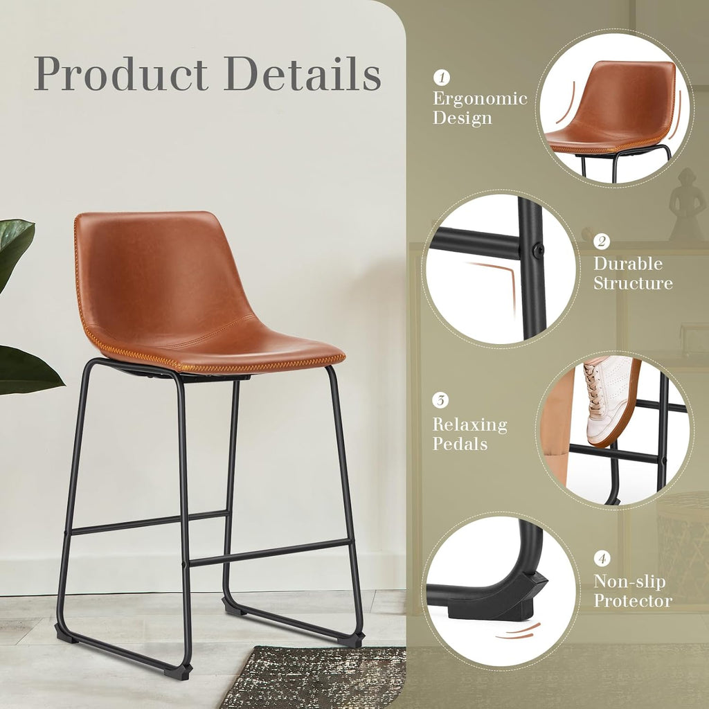 26 Inch Counter Height Bar Stools Set of 4, Modern Faux Leather High Barstools with Back and Metal Leg, Bar Chairs