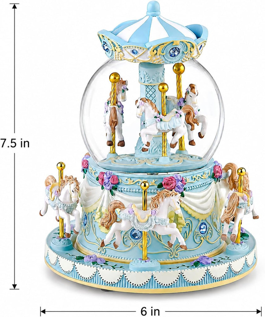 Blue Carousel Snow Globe Music Box with LED Lights, Rotating Horse Merry Go Round, Wind Up Musical Snow Globe Plays