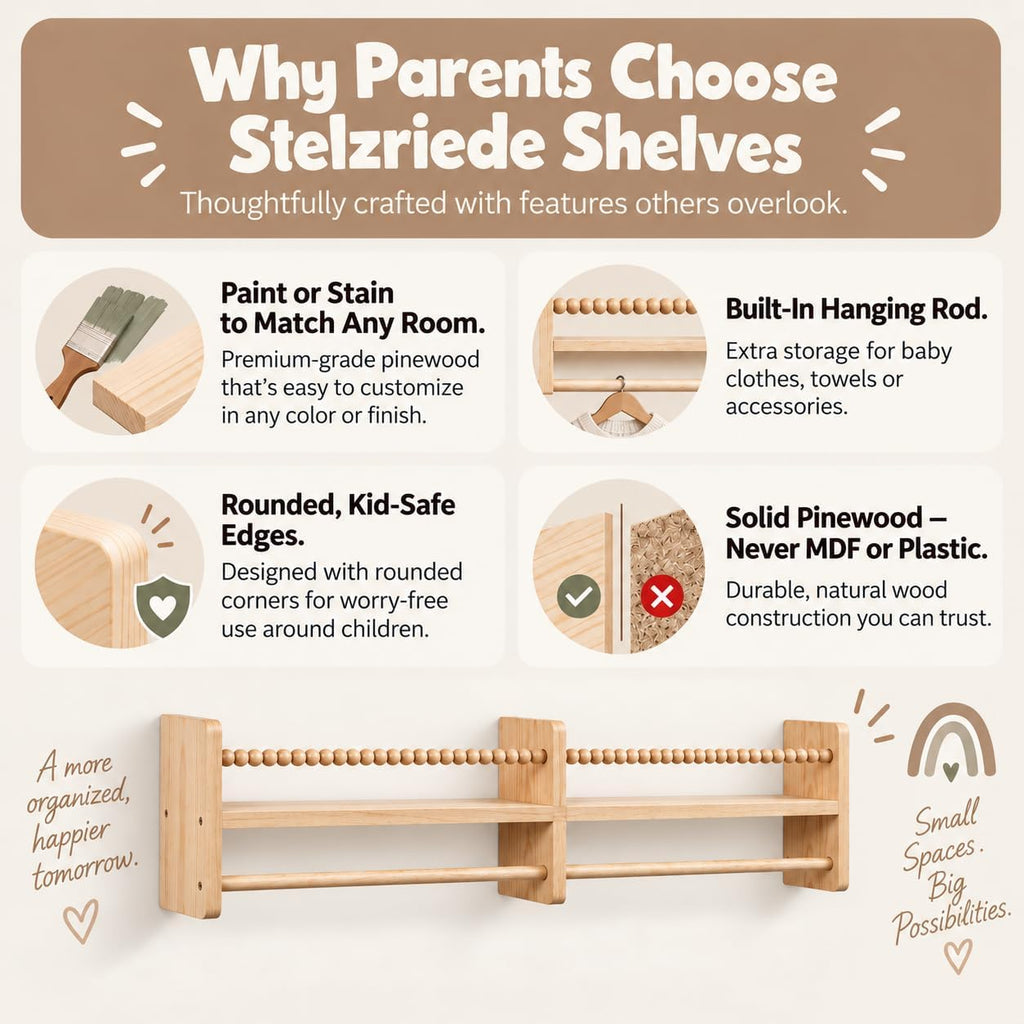 Nursery Shelves for Wall, Set of Premium Solid Pine Nursery Bookshelf with Hanging Rod, Rounded Edges, Wall