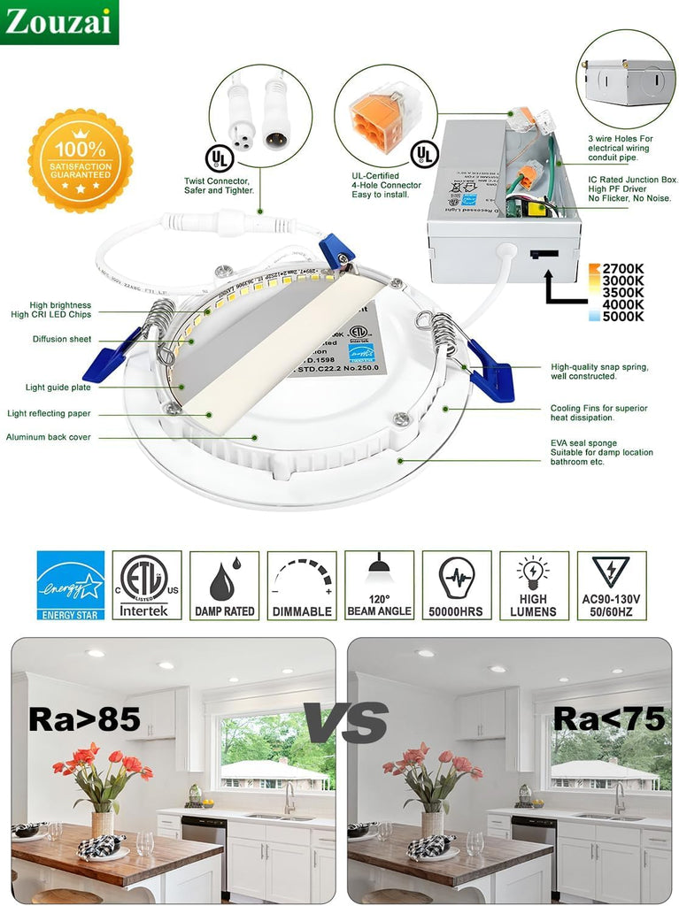 24 Pack 6" LED Recessed Ceiling Light, 5CCT, Dimmable, 12W