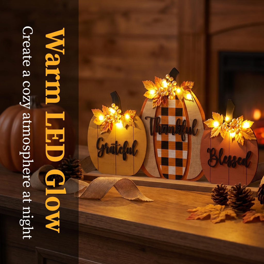 Fall Pumpkin Table Sign with LED Lights, Blessed Grateful Thankful Rustic Farmhouse Decor, Thanksgiving Harvest - Set of 3