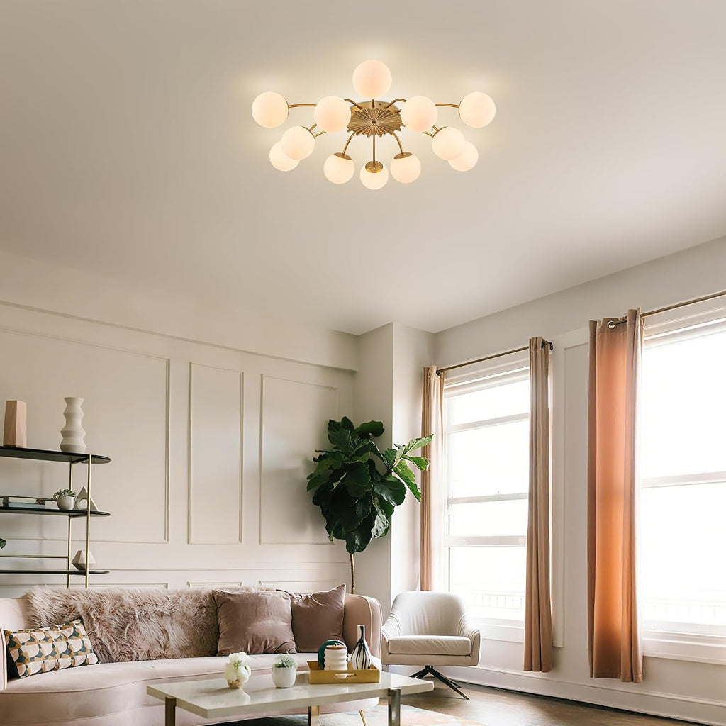 12-Light Sputnik Chandelier Gold and White 38.1 Inches | Flush Mount Ceiling Lights, Blossom Accent, Mid Century Opal