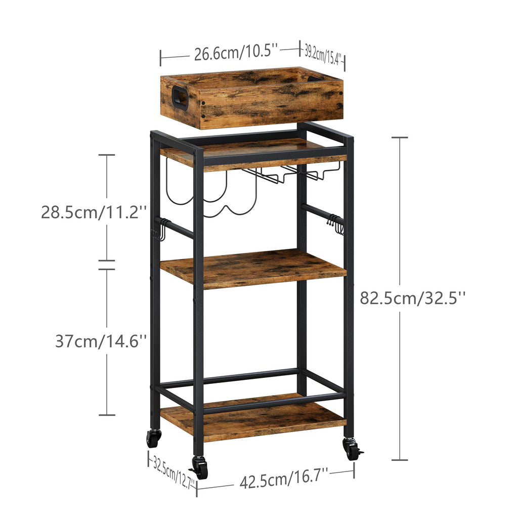 3 Tier Rolling Bar Cart with Wheels, Wine Cart with Removable Tray, Rustic Bar Carts Small, Drink Cart for Small