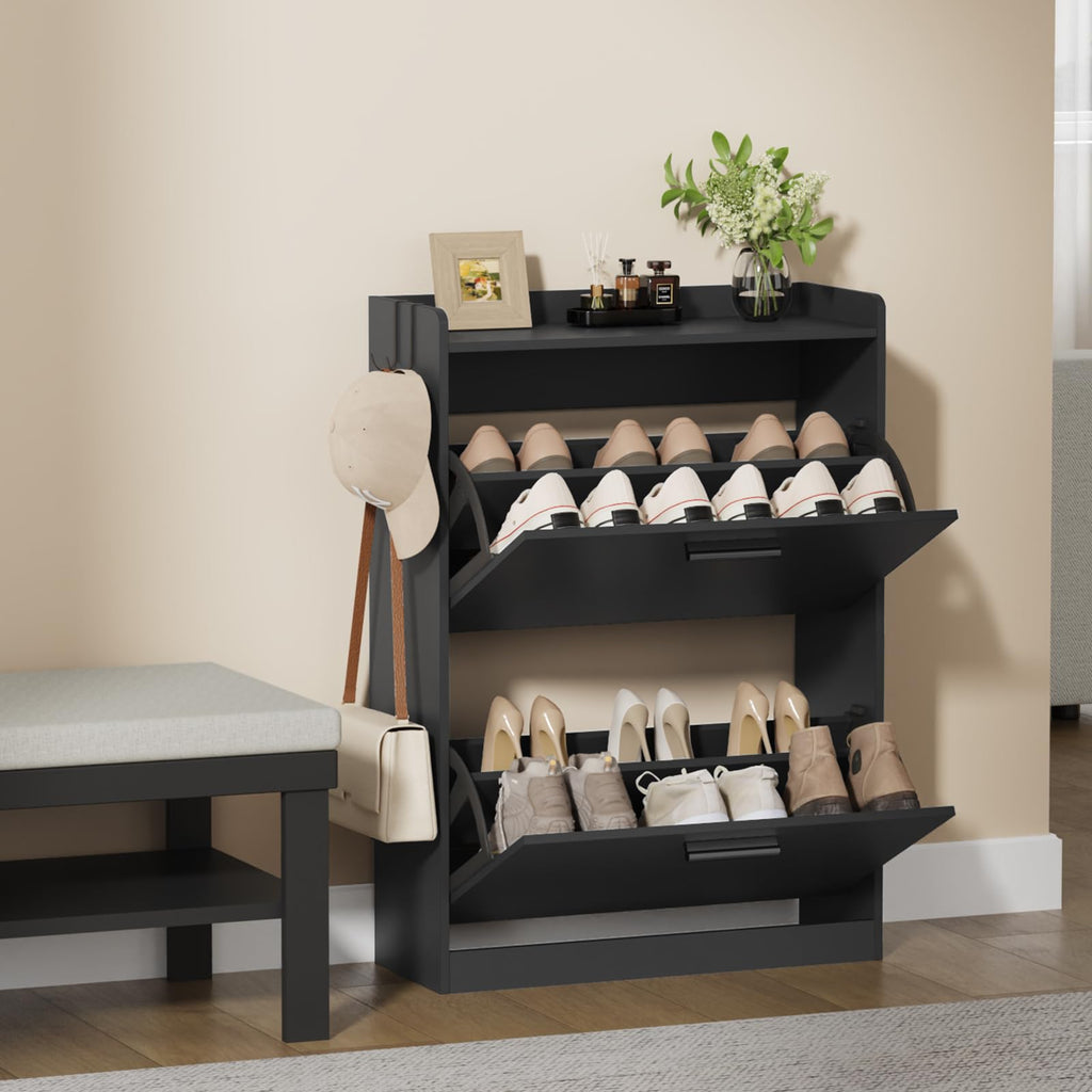 Shoe Cabinet Organizer with 2 Flip Drawers, Narrow Shoe Rack 23.6" W White