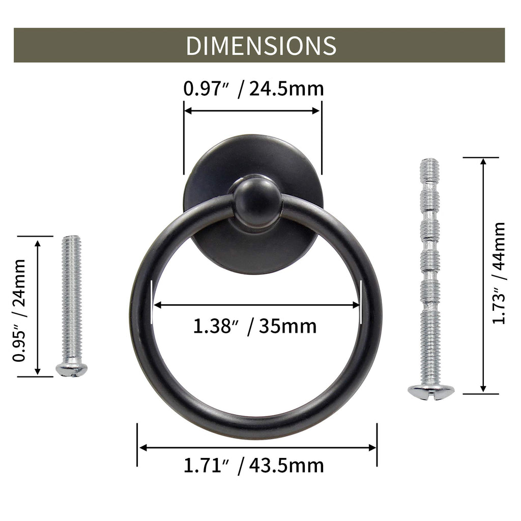 12Pcs Round Ring Drawer Pulls, Matte Black