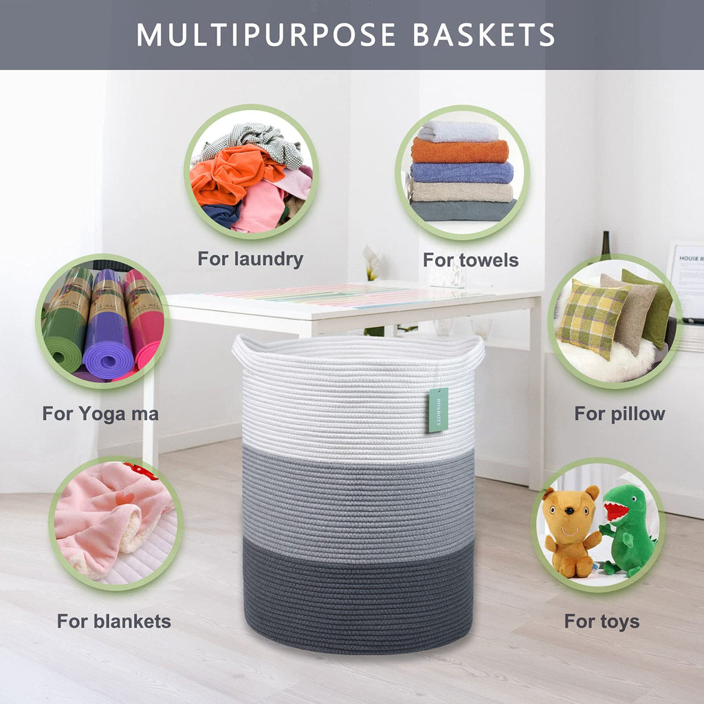 Cotton Rope Blanket Basket, 72L Tall Laundry Hamper, White & Gray