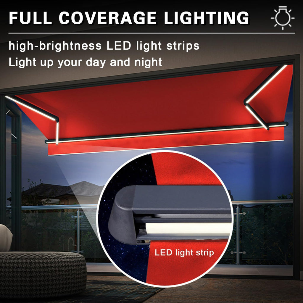 Patio Electric Awning Retractable with LED Light, Protection Sun Shade Shelter for Deck, Balcony, Yard - Remote