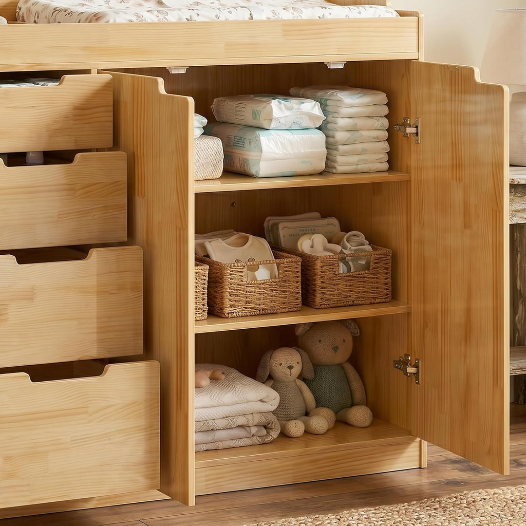 Nursery Dresser with Changing Table Top, 47.2" W Baby Dresser with 4 Drawers & Raised Guard, Solid Wood Infant Diaper
