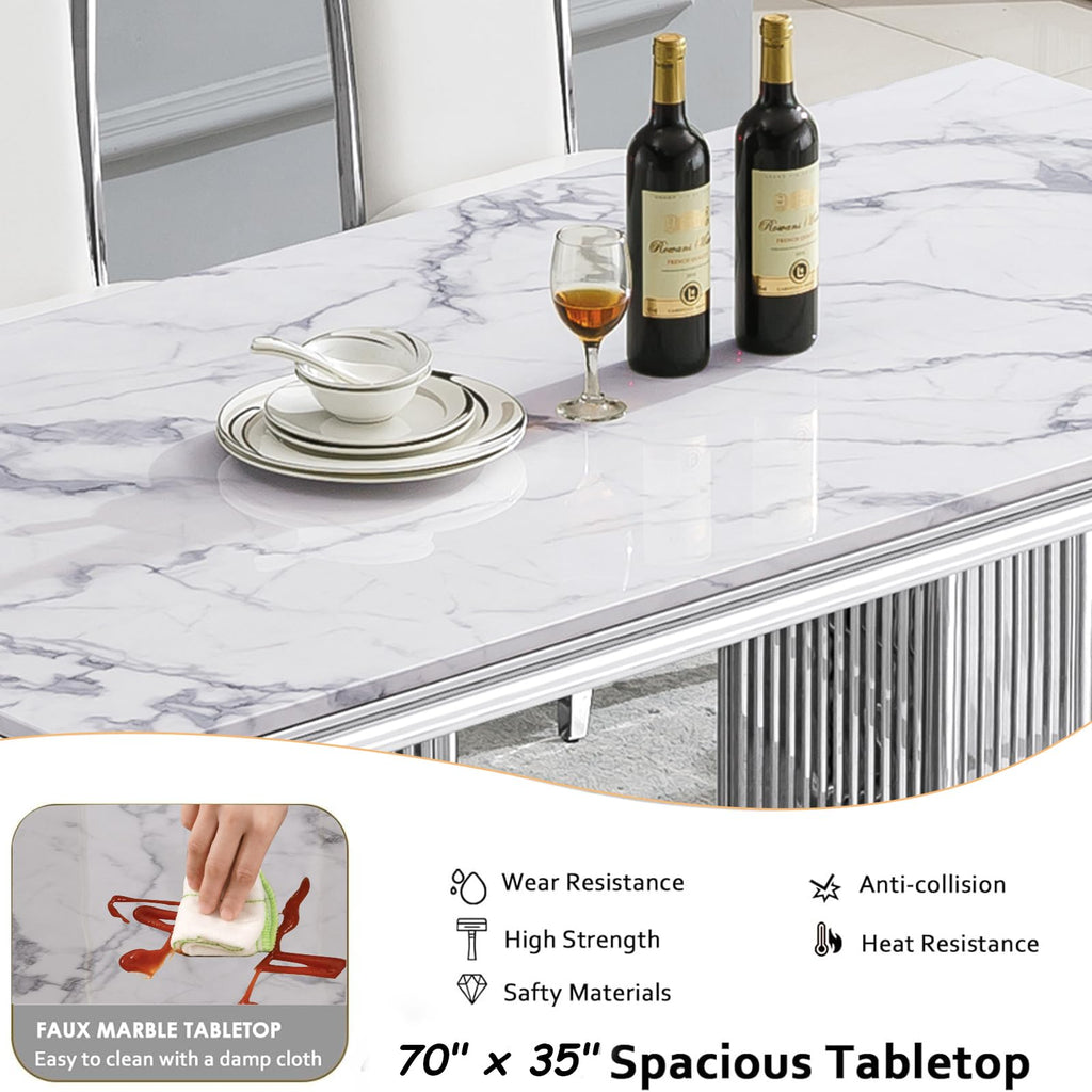 Marble Dining Table for 6-8 Modern Kitchen Table with Silver Stainless Steel Double Column Pedestal Luxury 70""