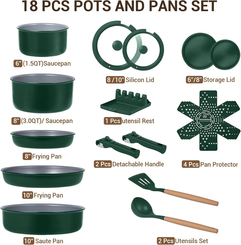 18-Piece Ceramic Pots and Pans Set Non Stick, Non Toxic Cookware Set with Removable Handles, Pot Sets for Cooking