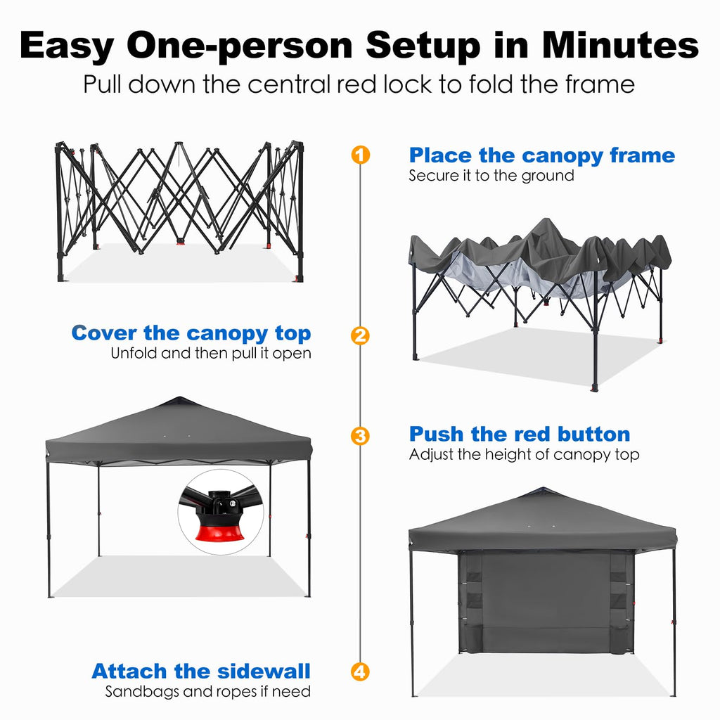 Pop Up Canopy Tent Outdoor Sidewall One Push (Gray, 10X10)