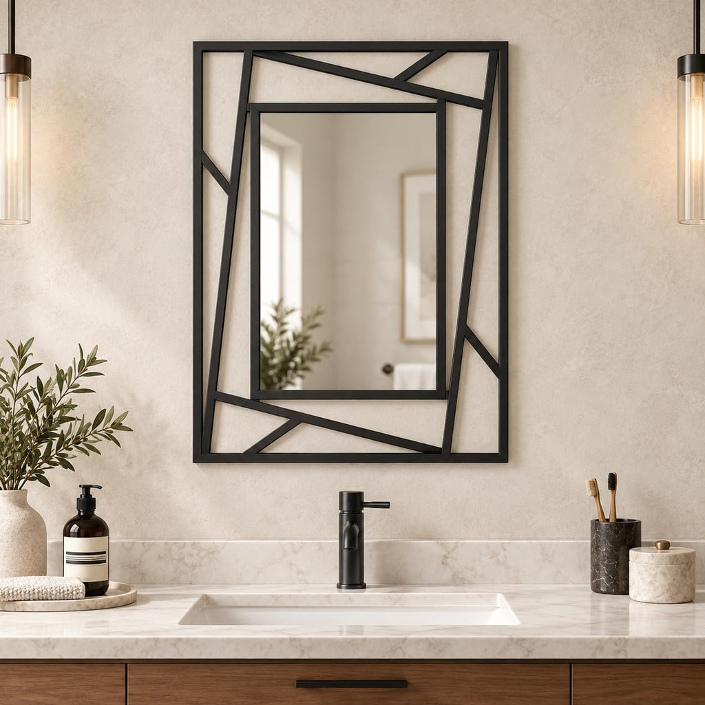 Rectangular Wall Mirror, 28''X20'' Matte Black Metal Framed Farmhouse Bathroom Mirrors Entryway Living Room, Hang