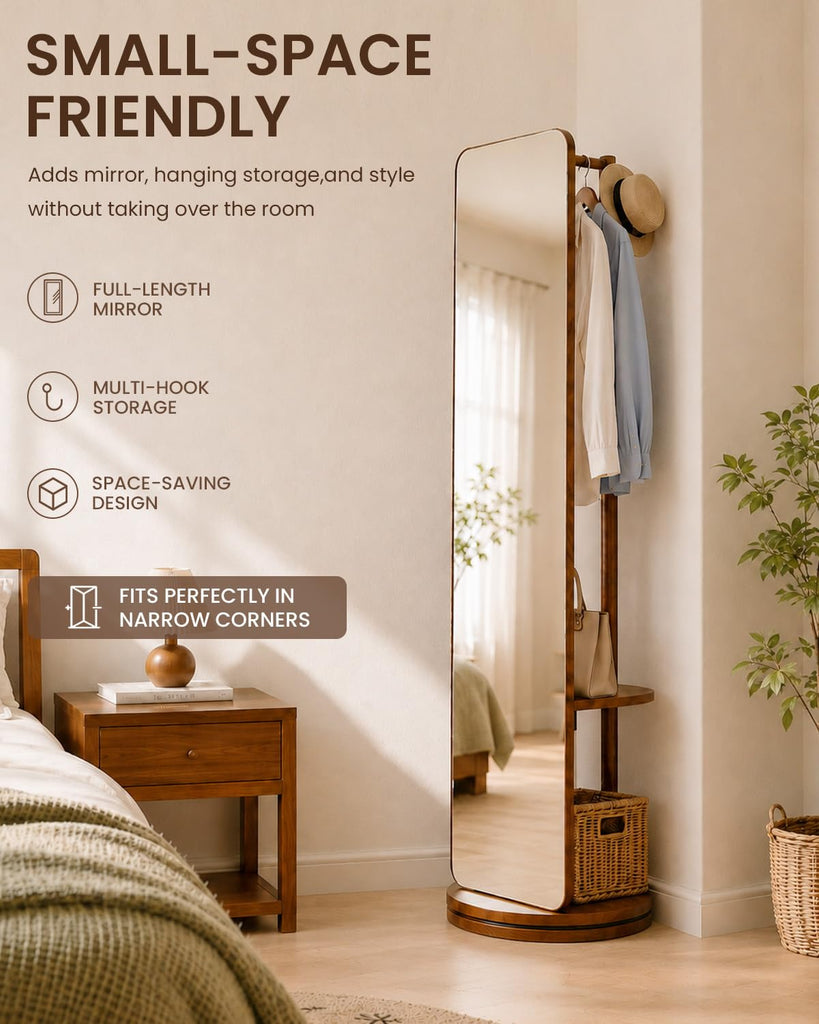 Solid Wood Mirror Coat Rack, Full Length Mirror with Stand Walnut