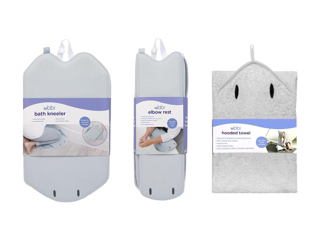Stingray Kneeler, Elbow Rest & Hooded Towel Bundle, Baby and Toddler Bath Time Must Haves for Parents and Baby, Gray
