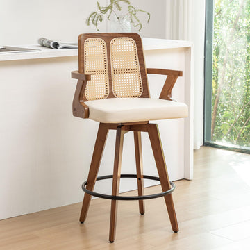 Mid Century Counter Stools, Rattan Swivel Counterstools with Walnut Finish