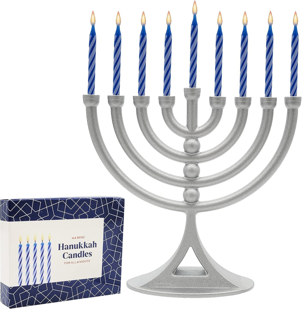 Hanukkah Silver Matte Mini with Candles Classic 5 Inch Great for Travel, Hanukkah Decor Centerpiece