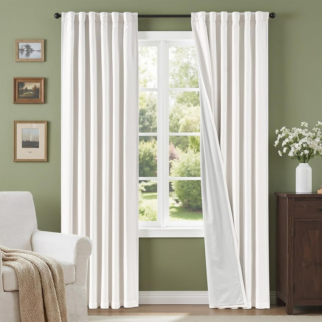 100% Blackout Curtains for Bedroom Decor White Linen Textured Curtains with Liner Insulated Thermal Curtains for