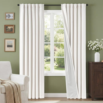 100% Blackout Curtains for Bedroom Decor White Linen Textured Curtains with Liner Insulated Thermal Curtains for