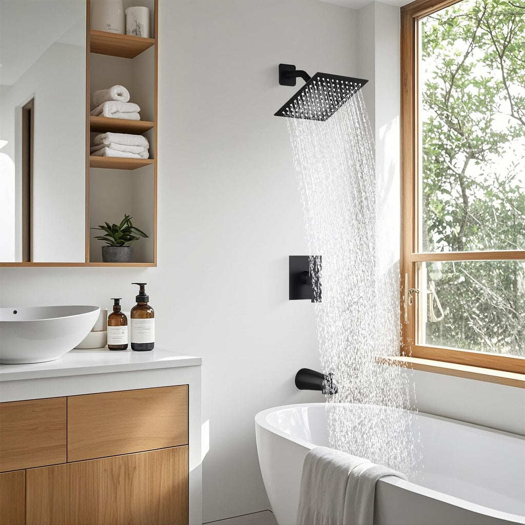 8" Square Rainfall Shower Faucet Set with Tub Spout, Matte Black