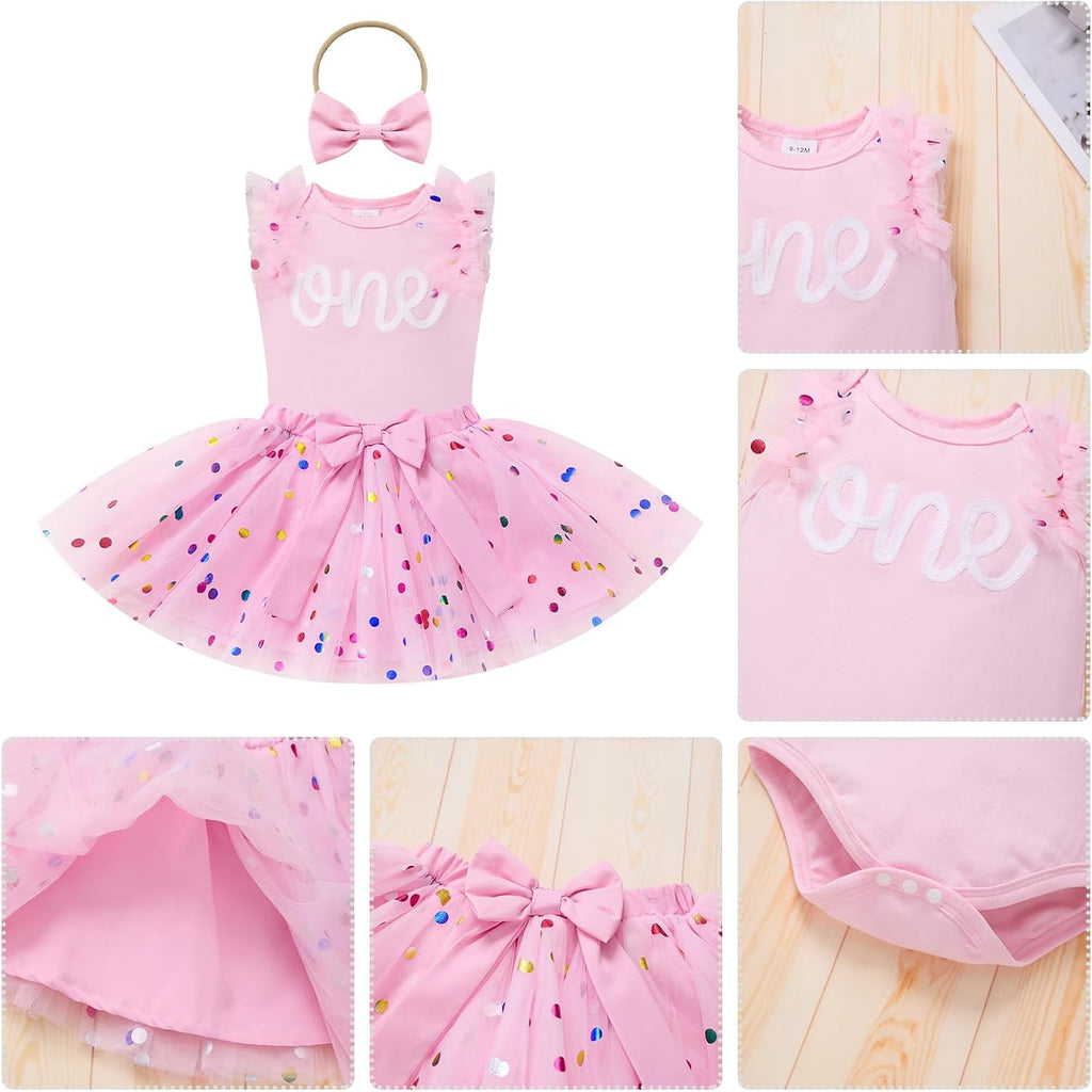 1st Birthday Girl Outfit Flower Romper Tutu Skirt Headband Set