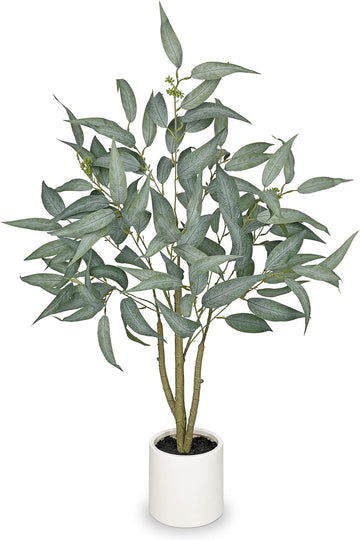 Eucalyptus Trees Artificial Indoor - 3FT Tall Faux Eucalyptus Plants in White Planter, Fake Plant Décor for Farmhouse - Set of 3