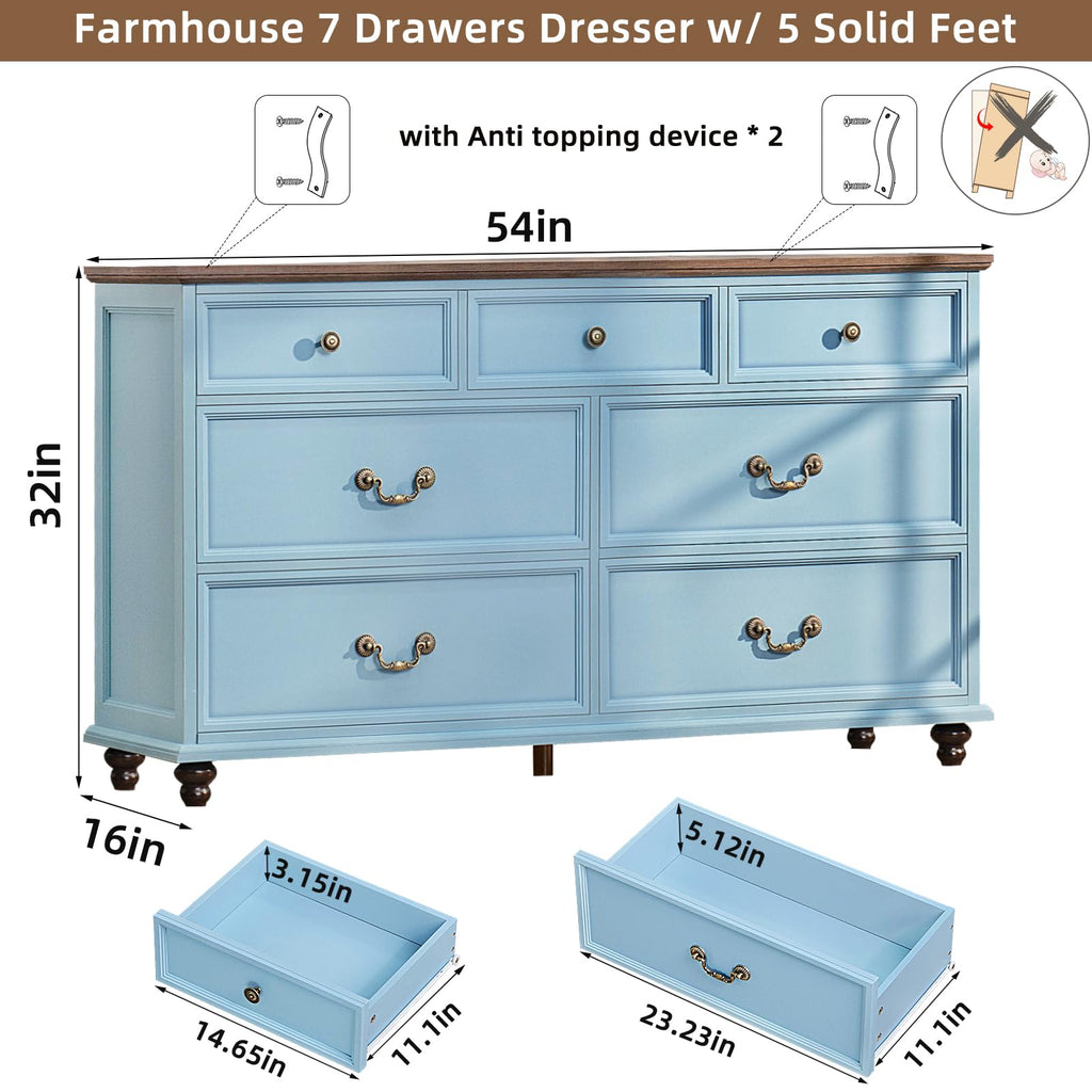 Farmhouse 54" 7 Drawers, Wide Wood Chest of Drawers w/ 4 Wooden Legs, Vintage Large Storage Dressers Organizer