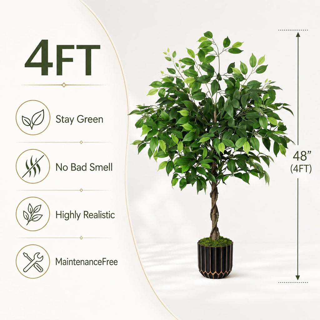 4ft Artificial Ficus Tree with Weighted Base - Faux Silk Floor Plant & Corner Decor