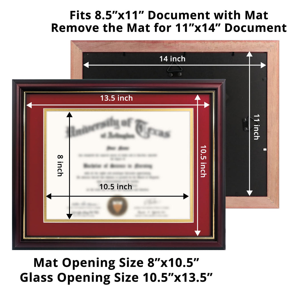 8.5x11 Diploma Frame with Red over Gold Mat or Display 11x14 Certificate without Mat, Solid Wood & Tempered