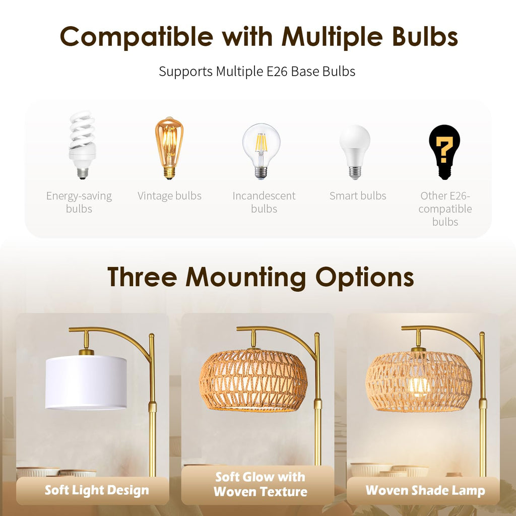 Gold Boho Rattan Floor Lamp w/Remote, Dimmable (2700K - 6000K), 2 - in - 1 Wicker & Fabric Shade, Adjustable 165-172cm