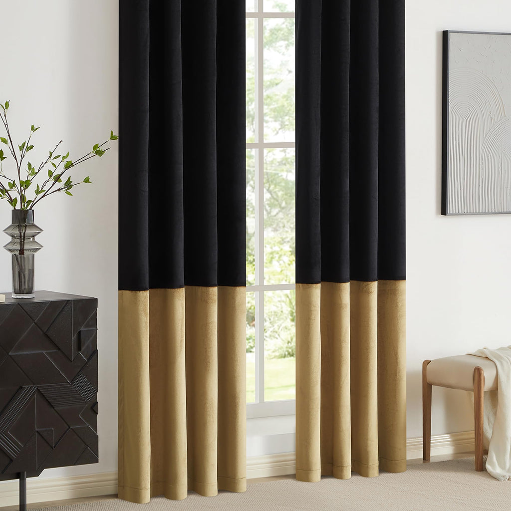 Black Gold Velvet Blackout Curtains Luxury Decor 84 inches, Color Block