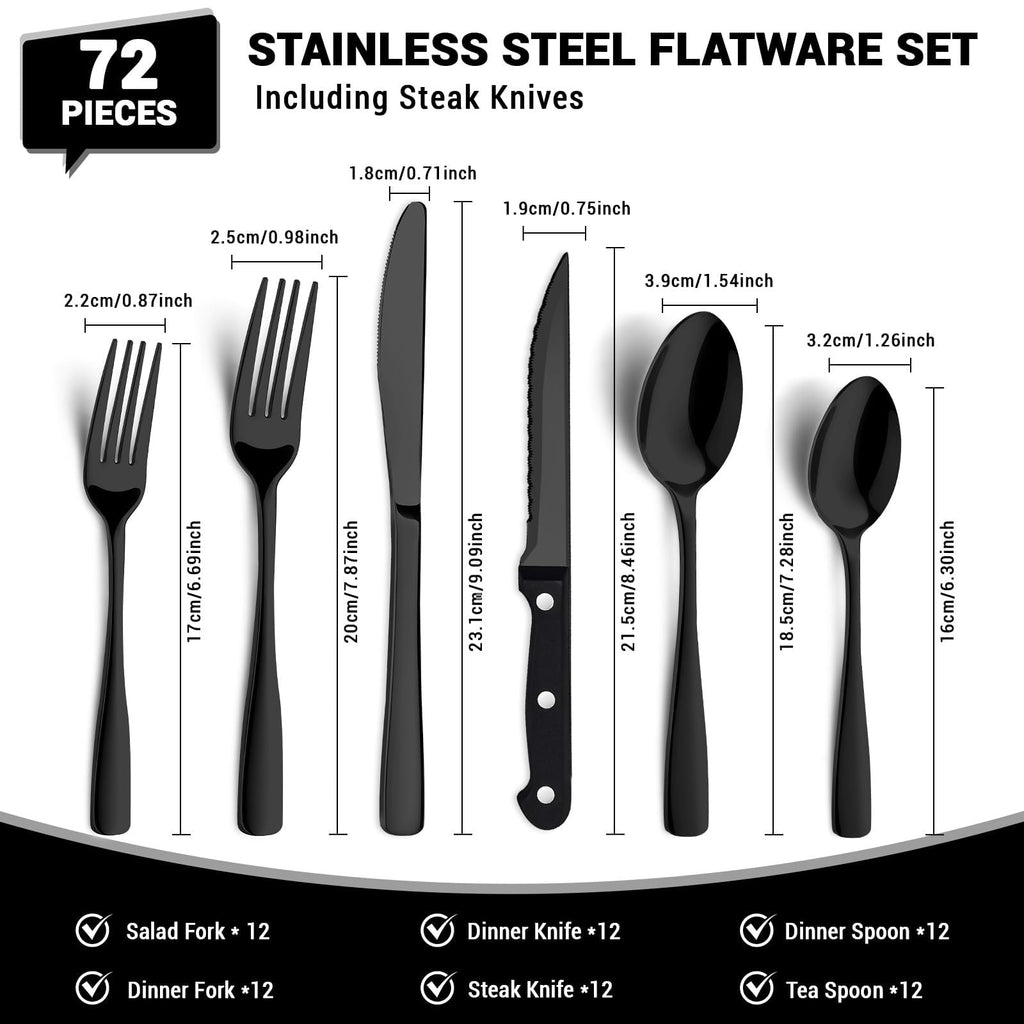 72-Pieces Black Silverware Set for 12 - Stainless Steel Flatware Set with Mirror Polish, Black Silverware Set