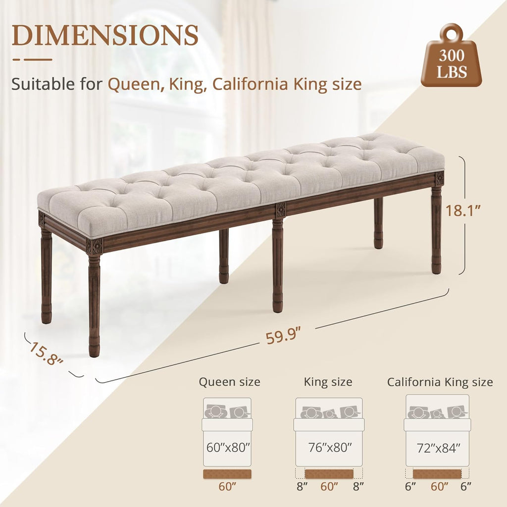 60" Fabric End of Bed Bench, Upholstered Tufted French Bedroom Bench with Carved Dark Brown Legs End of King Size
