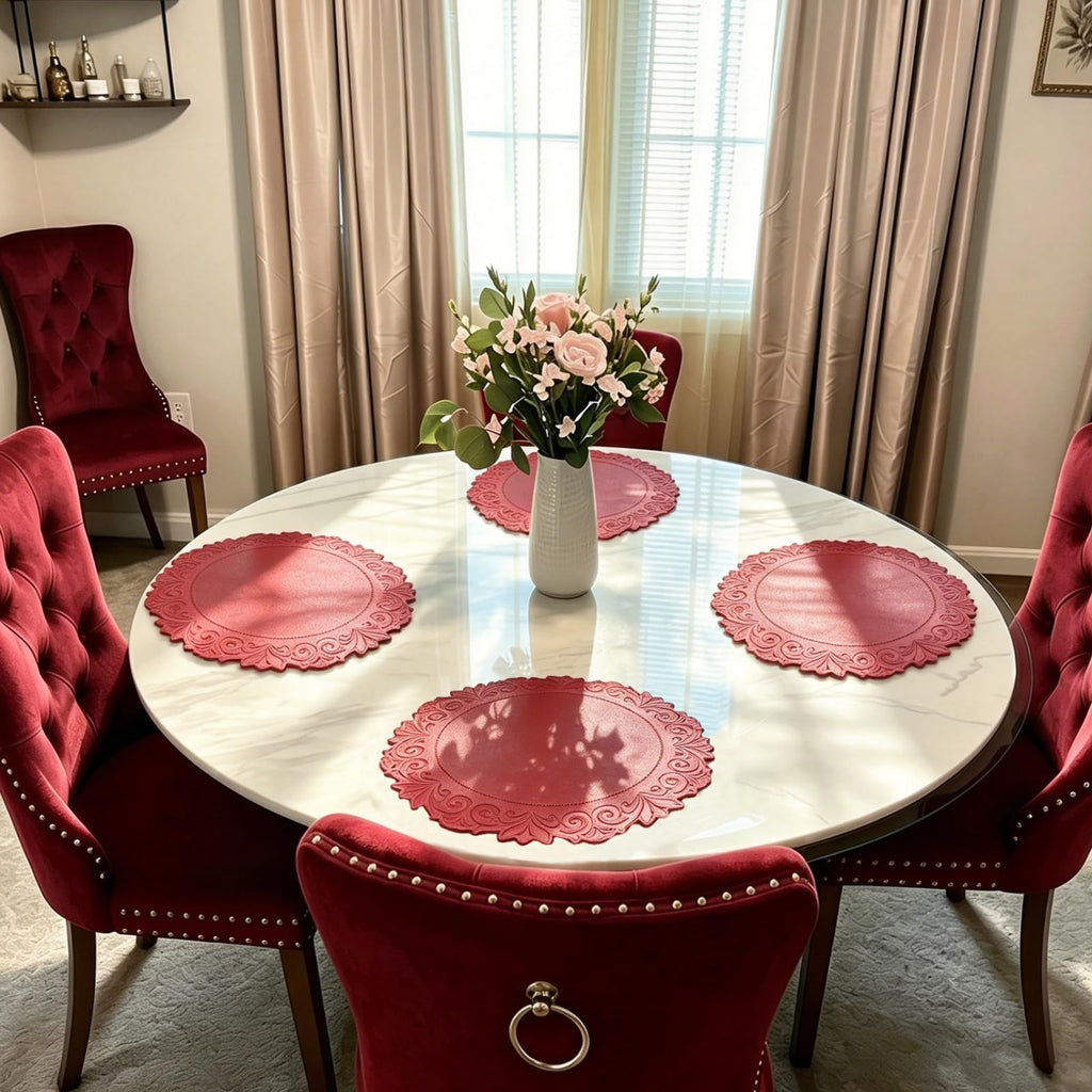 Round Faux Leather Placemats Set of 4, Dining Table Mats, Holly Red