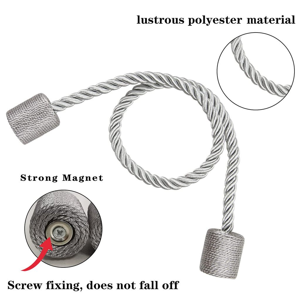 Grey Strong Magnetic Curtain Tiebacks Outdoor Elegant Decorative Tie Backs Modern Rope Tiebacks for Drapes - 2 Pack